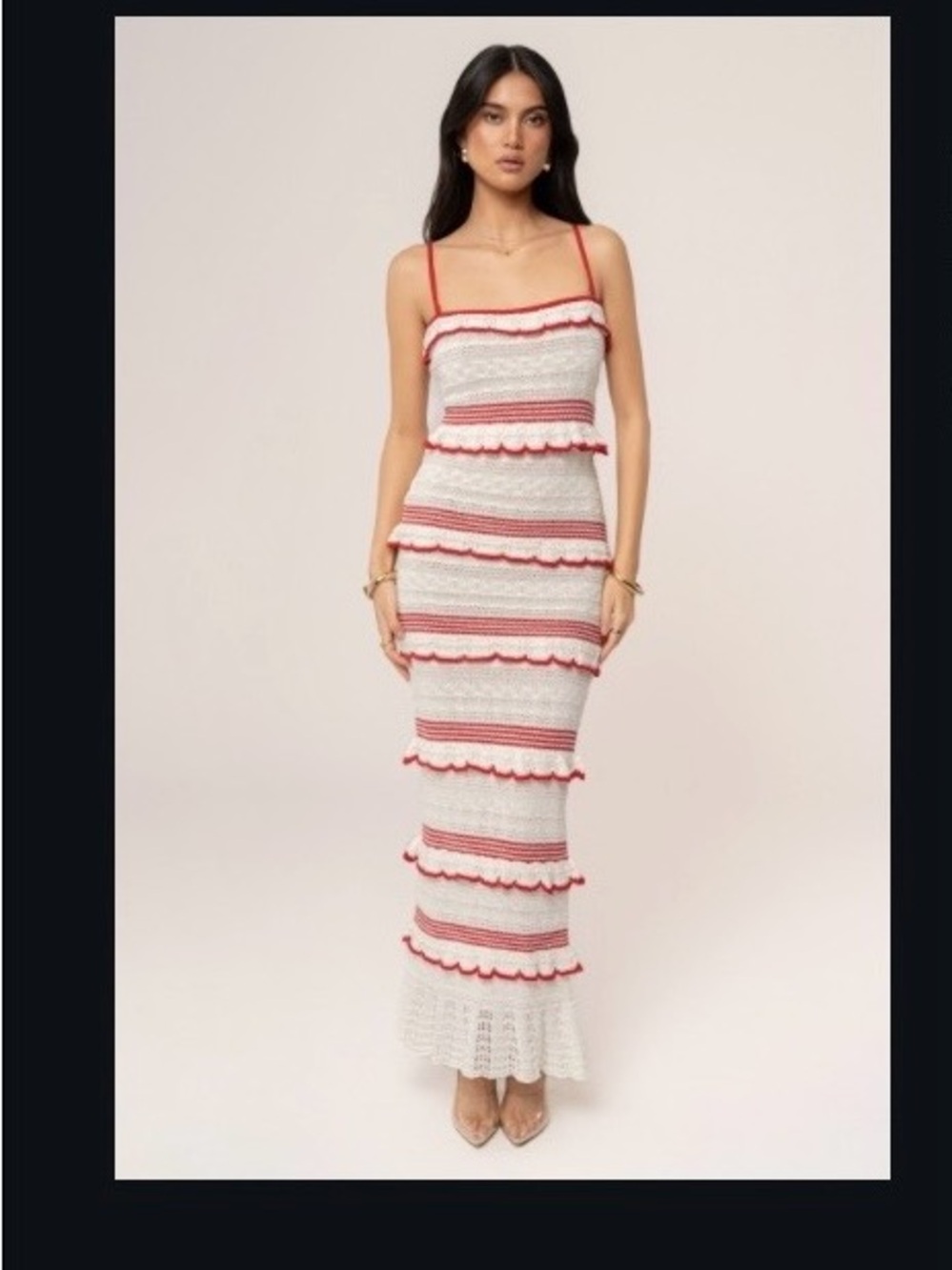 JLUXLABEL White Crochet Maxi Dress with Red Ruffle Trim